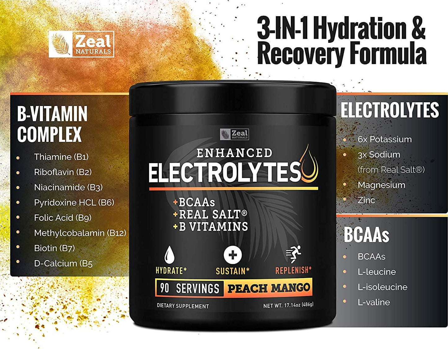 Electrolyte Powder Recovery Drink (90 Servings | Peach Mango) w Real Salt +BCAAs +B-Vitamins Sugar Free Electrolyte Supplement w Potassium Zinc and Magnesium for Hydration - Keto Electrolytes