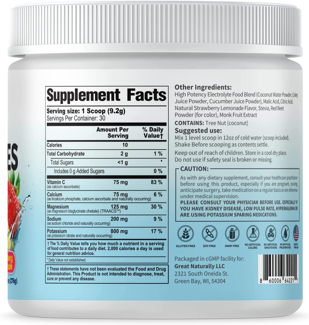 Electrolytes Powder Hydration | Real Food High Potency | Strawberry Lemonade 30 Servings | High Potency Electrolyte Powder | Hydration Drink Mix | Electrolyte Supplement Potassium Magnesium Calcium