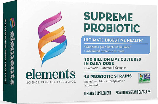 Elements Supreme Probiotic - Daily Dietary Supplement, Supports Digestive and Immune Health with Multi-Strain megadoses, Vitamin B, Niacin, Folate, Riboflavin, 28 Shelf-Stable Capsules (14 Servings)