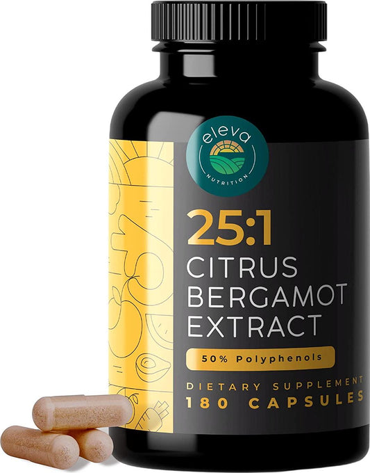 Eleva Citrus Bergamot 1000mg Capsules - 25:1 Citrus Bergamot Extract for Cholesterol Supplements, Blood Sugar Support, Blood Pressure, and Heart Health - Antioxidants and Polyphenols Capsules - 180 Count