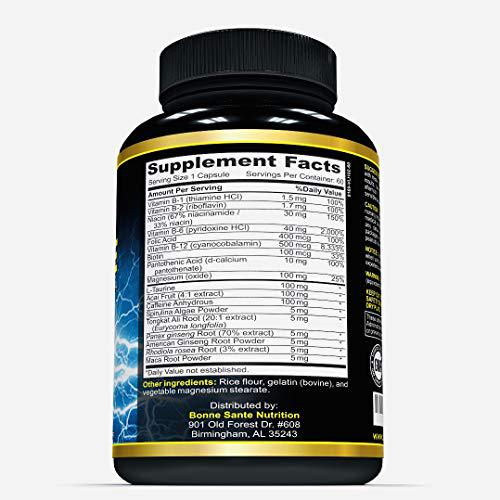 Elevate- Natural Clean Energy- High Caffeine Pills with Taurine- B Vitamins and More. Supports Endurance- Energy- and Focus, Made for Men and Women. Non-GMO Natural Energy Supplement 60 Capsules