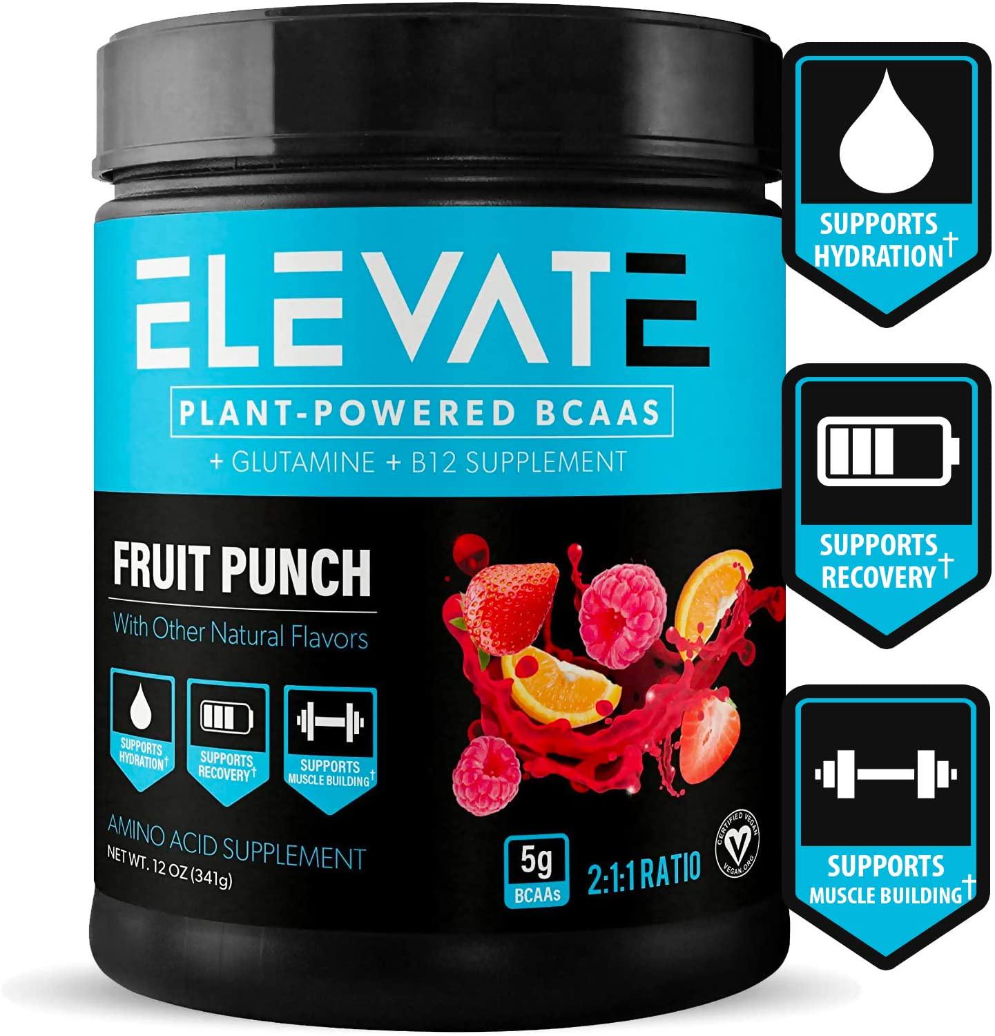 Elevate Nutrition Plant-Based Vegan BCAA Supplement for Muscle Building and Hydration- Energy Booster- All-Natural Food-Sourced BCAA 2:1:1 Ratio- Glutamine, B12, Non-GMO (Fruit Punch)