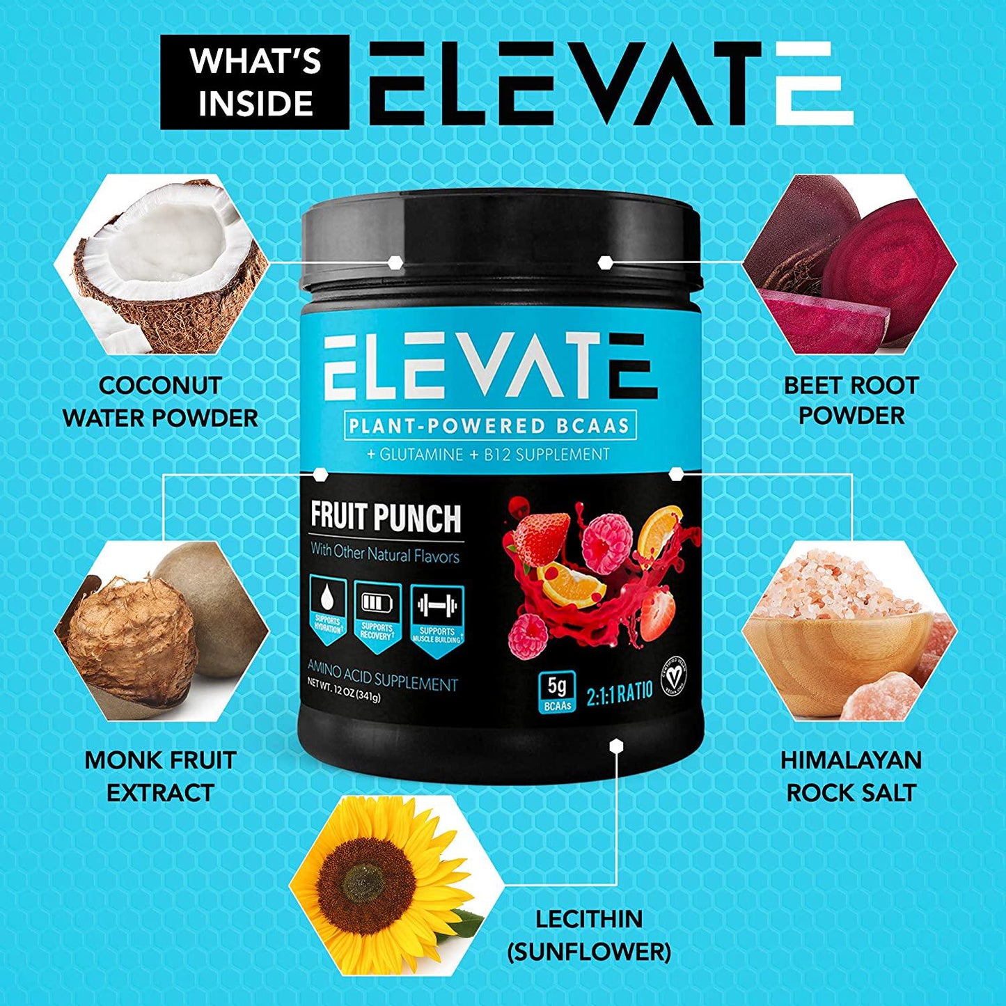 Elevate Nutrition Plant-Based Vegan BCAA Supplement for Muscle Building and Hydration- Energy Booster- All-Natural Food-Sourced BCAA 2:1:1 Ratio- Glutamine, B12, Non-GMO (Fruit Punch)