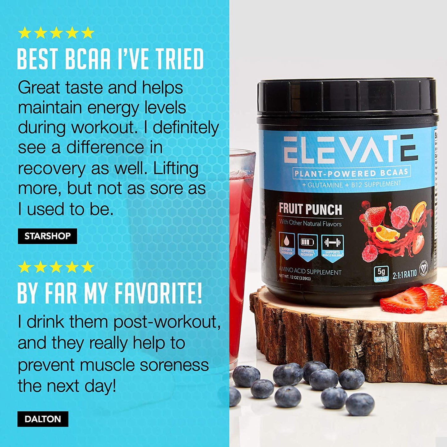 Elevate Nutrition Plant-Based Vegan BCAA Supplement for Muscle Building and Hydration- Energy Booster- All-Natural Food-Sourced BCAA 2:1:1 Ratio- Glutamine, B12, Non-GMO (Fruit Punch)
