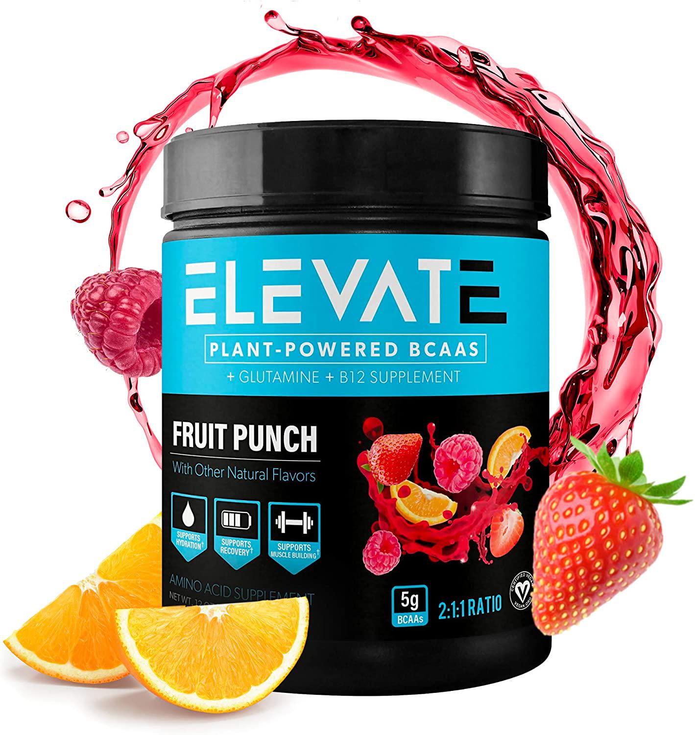 Elevate Nutrition Plant-Based Vegan BCAA Supplement for Muscle Building and Hydration- Energy Booster- All-Natural Food-Sourced BCAA 2:1:1 Ratio- Glutamine, B12, Non-GMO (Fruit Punch)