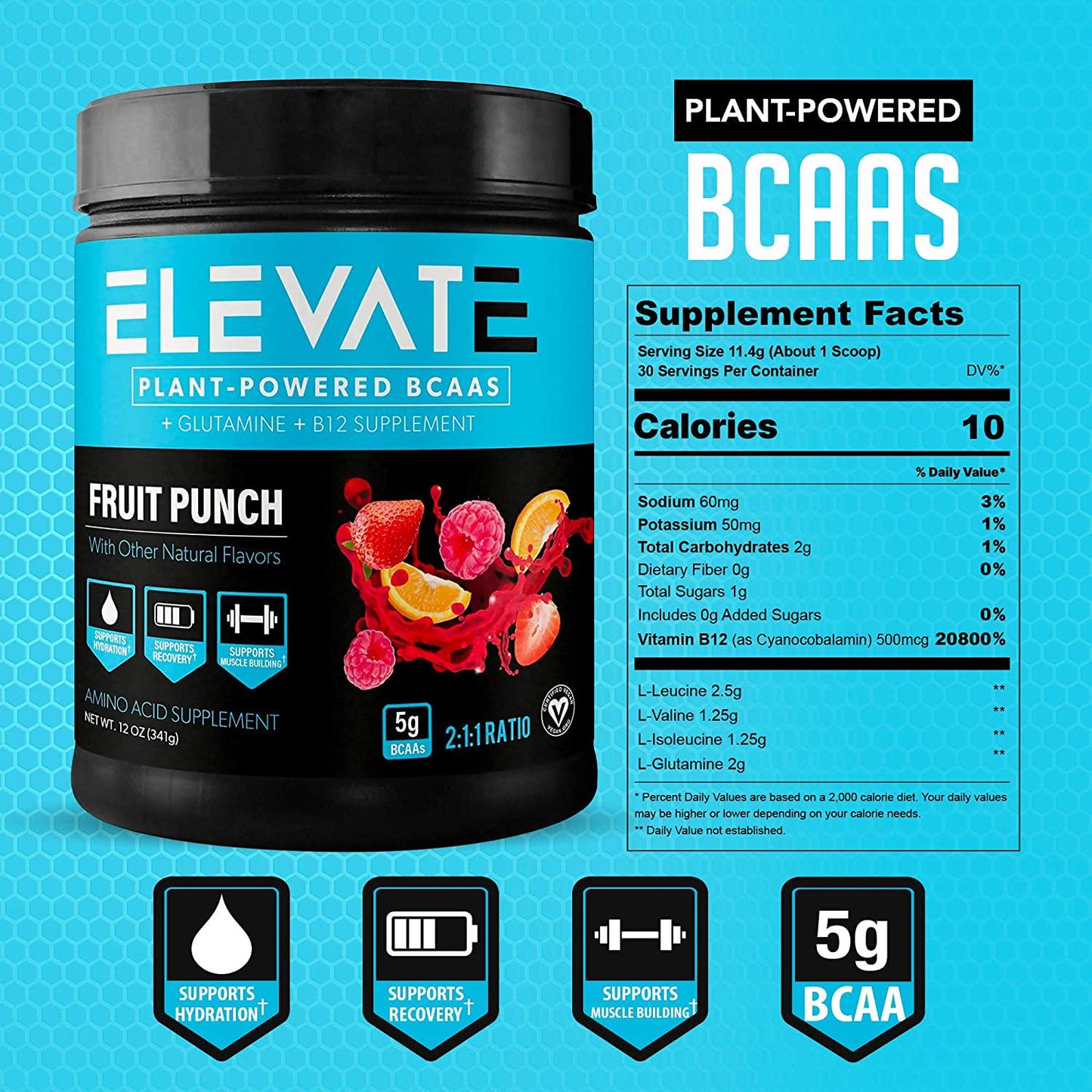 Elevate Nutrition Plant-Based Vegan BCAA Supplement for Muscle Building and Hydration- Energy Booster- All-Natural Food-Sourced BCAA 2:1:1 Ratio- Glutamine, B12, Non-GMO (Fruit Punch)