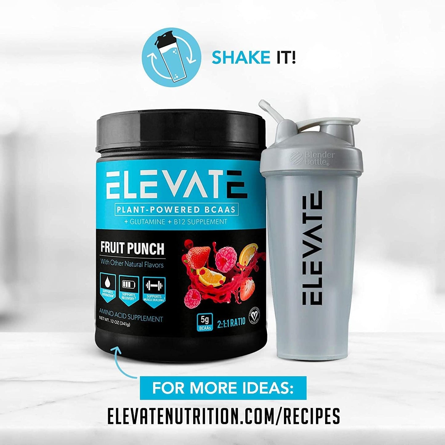 Elevate Nutrition Plant-Based Vegan BCAA Supplement for Muscle Building and Hydration- Energy Booster- All-Natural Food-Sourced BCAA 2:1:1 Ratio- Glutamine, B12, Non-GMO (Fruit Punch)