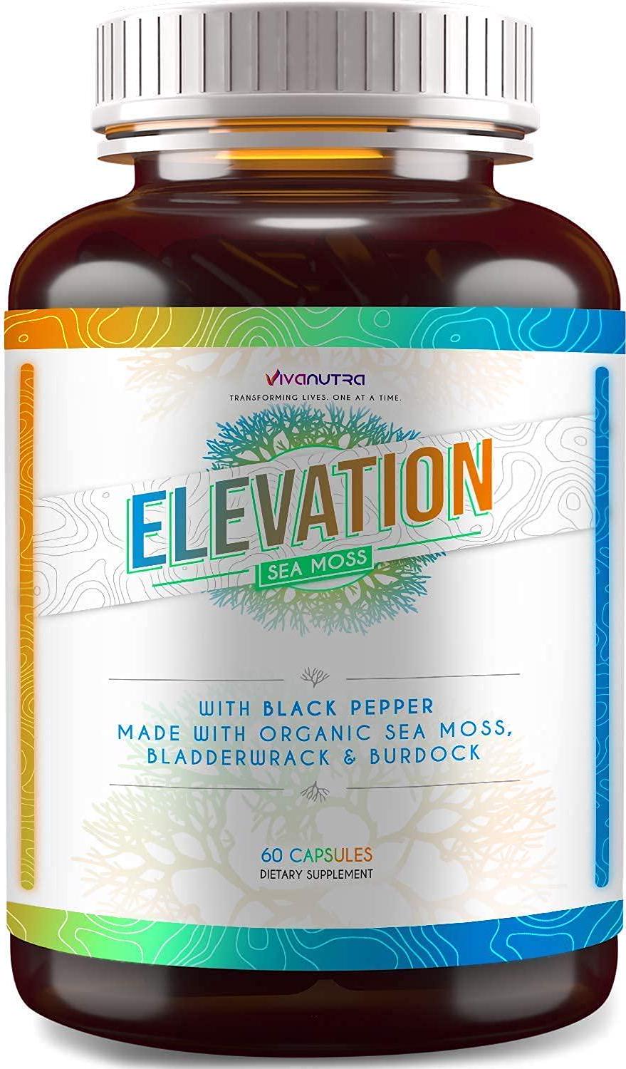 Elevation Organic Irish Sea Moss Bladderwrack Burdock Root 60 Capsules - Wildcrafted Seamoss Raw Organic Irish Moss Powder Gel Pills Alkaline Supplements Vegan Super Food - 1 Month Supply