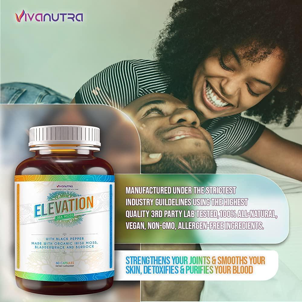 Elevation Organic Irish Sea Moss Bladderwrack Burdock Root 60 Capsules - Wildcrafted Seamoss Raw Organic Irish Moss Powder Gel Pills Alkaline Supplements Vegan Super Food - 1 Month Supply