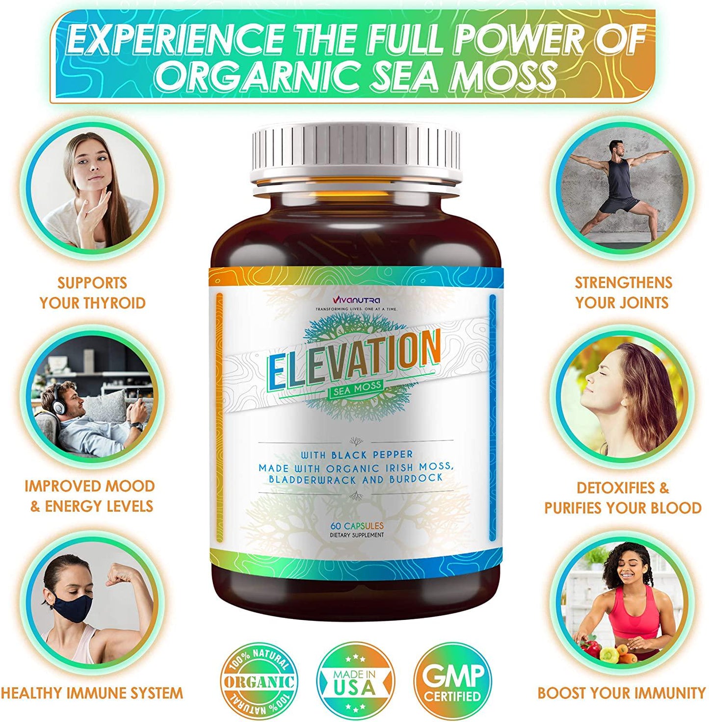 Elevation Organic Irish Sea Moss Bladderwrack Burdock Root 60 Capsules - Wildcrafted Seamoss Raw Organic Irish Moss Powder Gel Pills Alkaline Supplements Vegan Super Food - 1 Month Supply