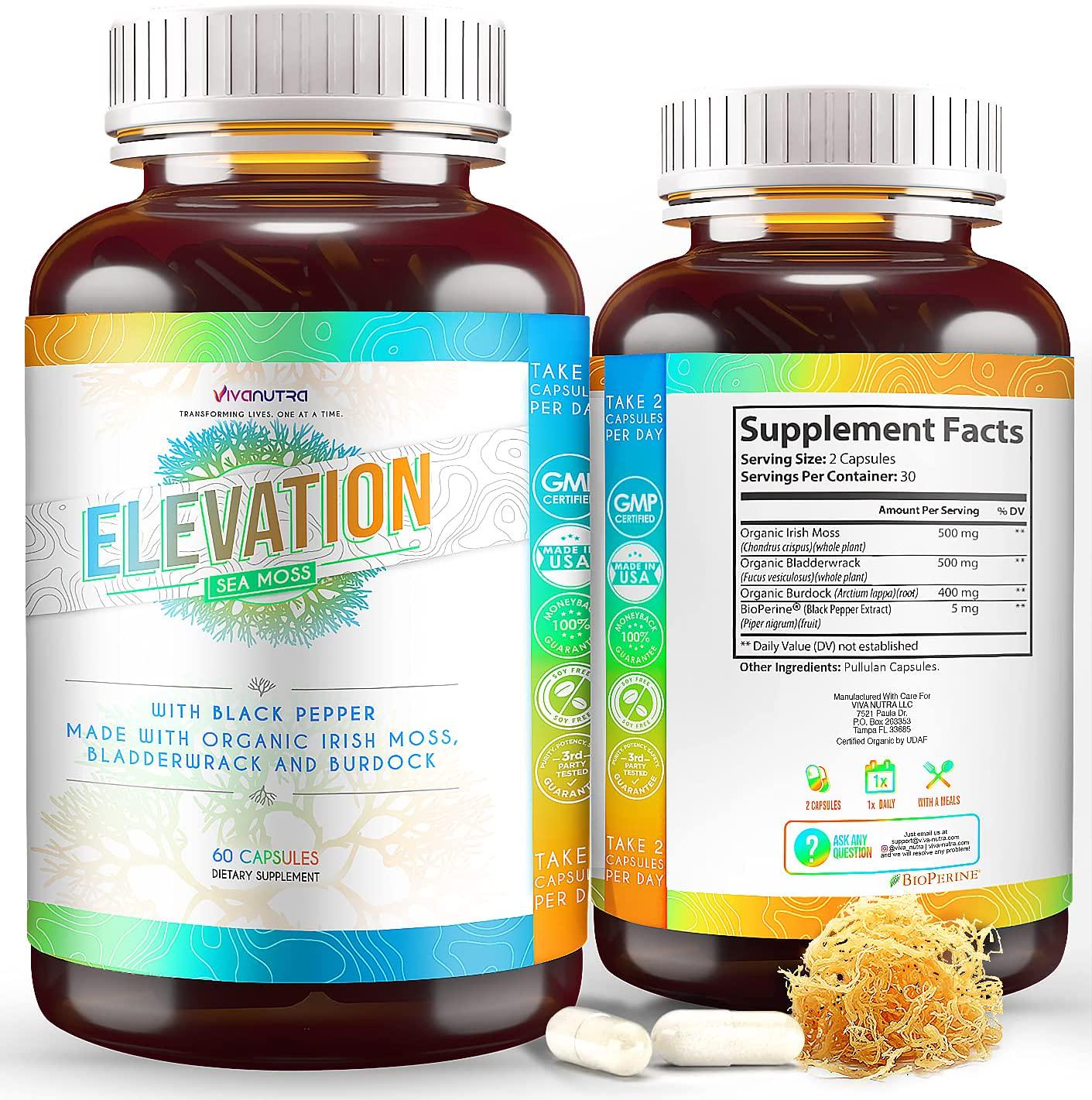 Elevation Organic Irish Sea Moss Bladderwrack Burdock Root 60 Capsules - Wildcrafted Seamoss Raw Organic Irish Moss Powder Gel Pills Alkaline Supplements Vegan Super Food - 1 Month Supply