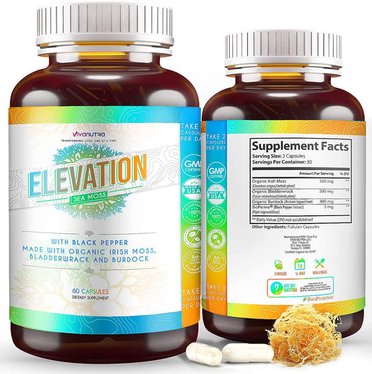 Elevation Organic Irish Sea Moss Bladderwrack Burdock Root 60 Capsules - Wildcrafted Seamoss Raw Organic Irish Moss Powder Gel Pills Alkaline Supplements Vegan Super Food - 1 Month Supply