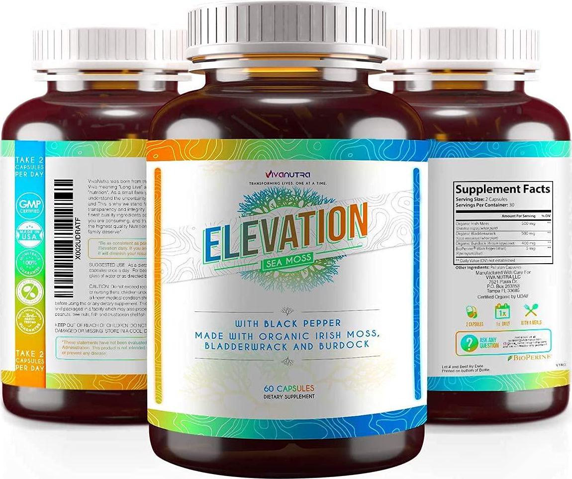 Elevation Organic Irish Sea Moss Bladderwrack Burdock Root 60 Capsules - Wildcrafted Seamoss Raw Organic Irish Moss Powder Gel Pills Alkaline Supplements Vegan Super Food - 1 Month Supply