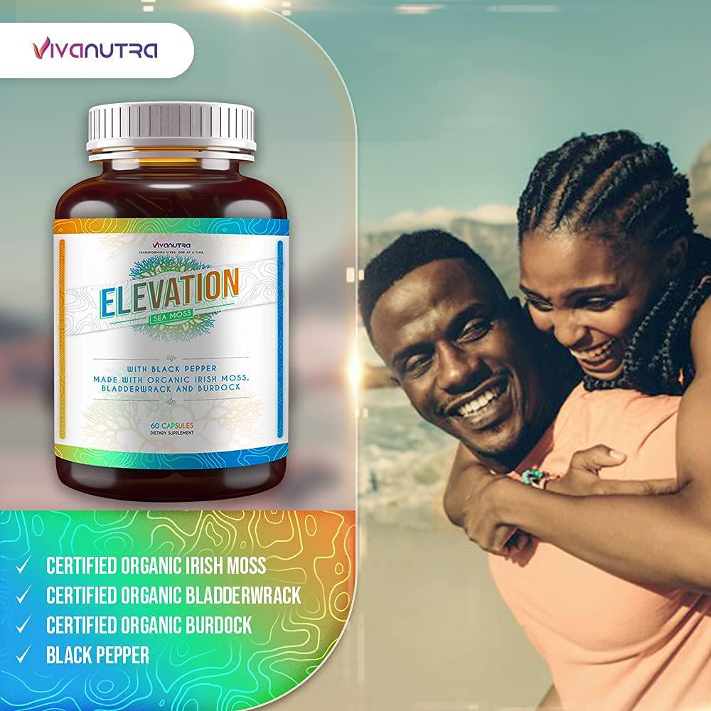 Elevation Organic Irish Sea Moss Bladderwrack Burdock Root 60 Capsules - Wildcrafted Seamoss Raw Organic Irish Moss Powder Gel Pills Alkaline Supplements Vegan Super Food - 1 Month Supply