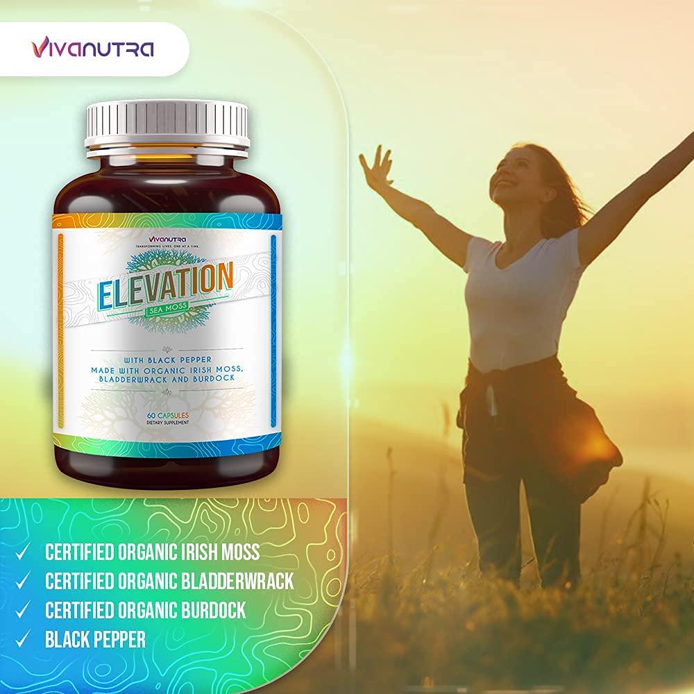 Elevation Organic Irish Sea Moss Bladderwrack Burdock Root 60 Capsules - Wildcrafted Seamoss Raw Organic Irish Moss Powder Gel Pills Alkaline Supplements Vegan Super Food - 1 Month Supply
