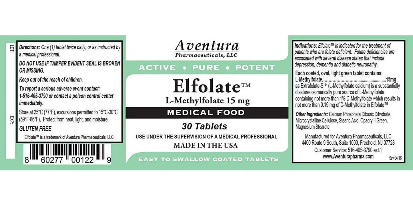 Elfolate 15mg L-Methylfolate Methyl Folate Methylfolate Medical Food Supplement Doctor Recommended Professional Strength Active Pure Potent 30 Tablets