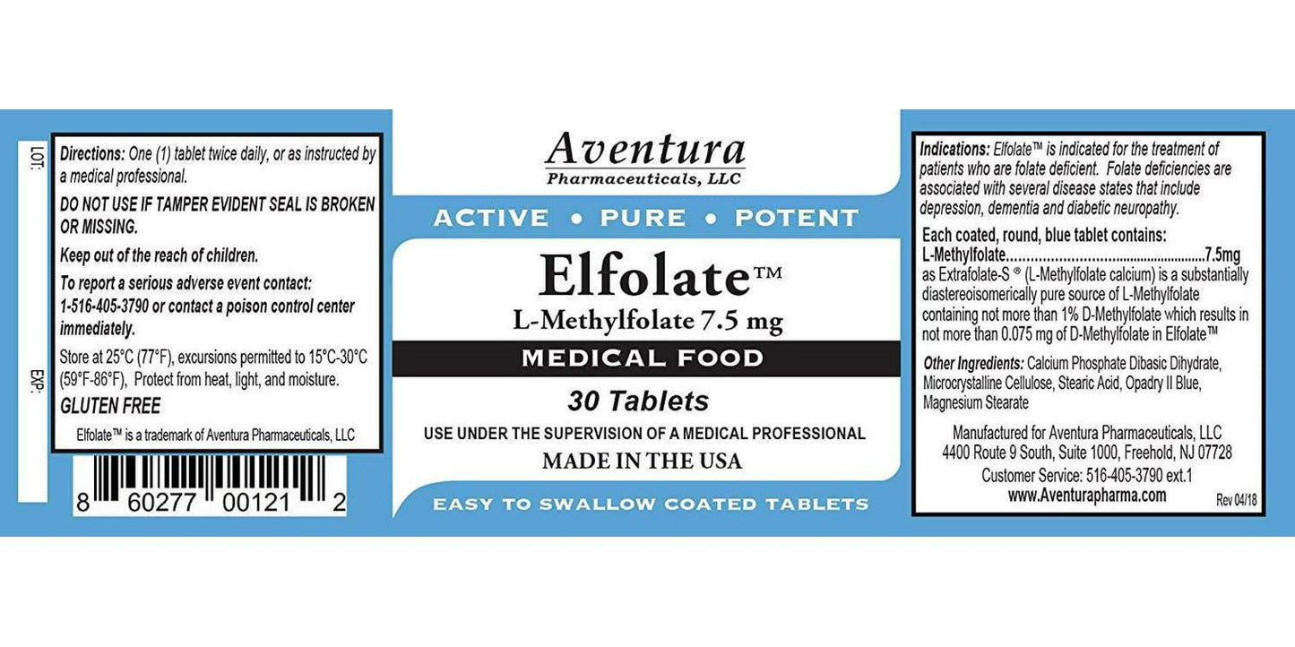 ElfolateÂ 7.5mg L-Methylfolate Methyl Folate Methylfolate Medical Food Supplement Doctor Recommended Professional Strength Active Pure Potent 30 Tablets