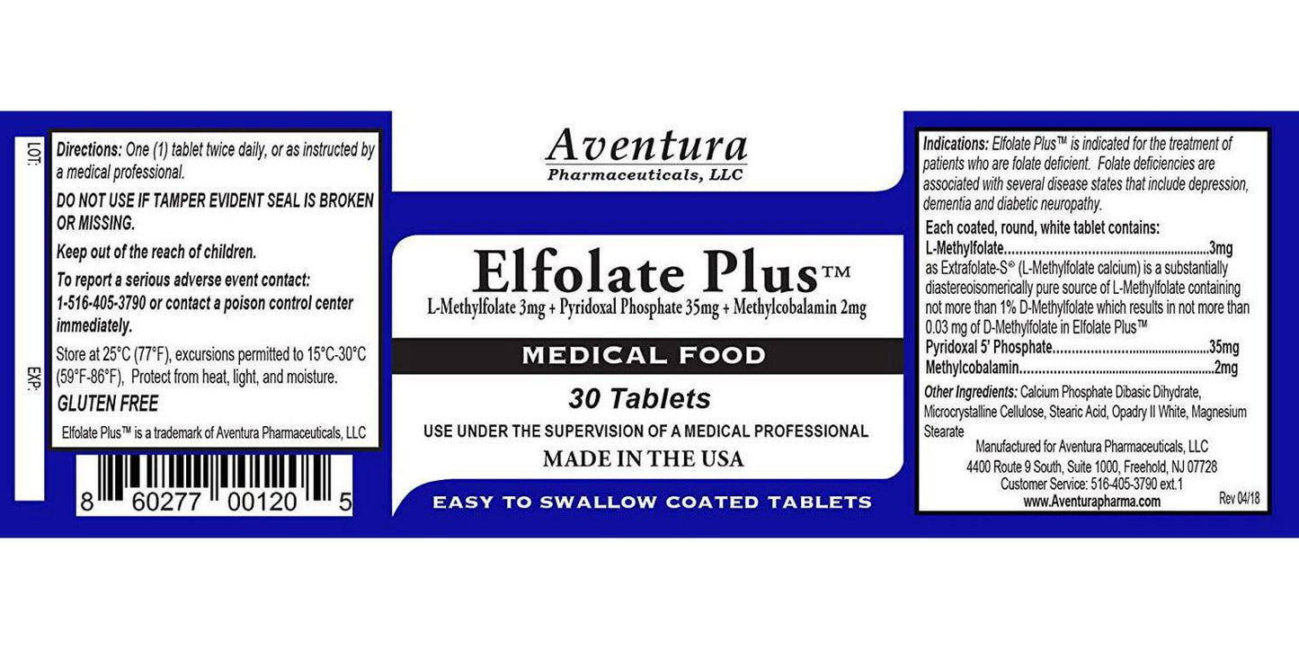 ElfolateÂ Plus 3mg L-Methylfolate Methyl Folate Methylfolate Medical Food Supplement Doctor Recommended Professional Strength Active Pure Potent 30 Tablets