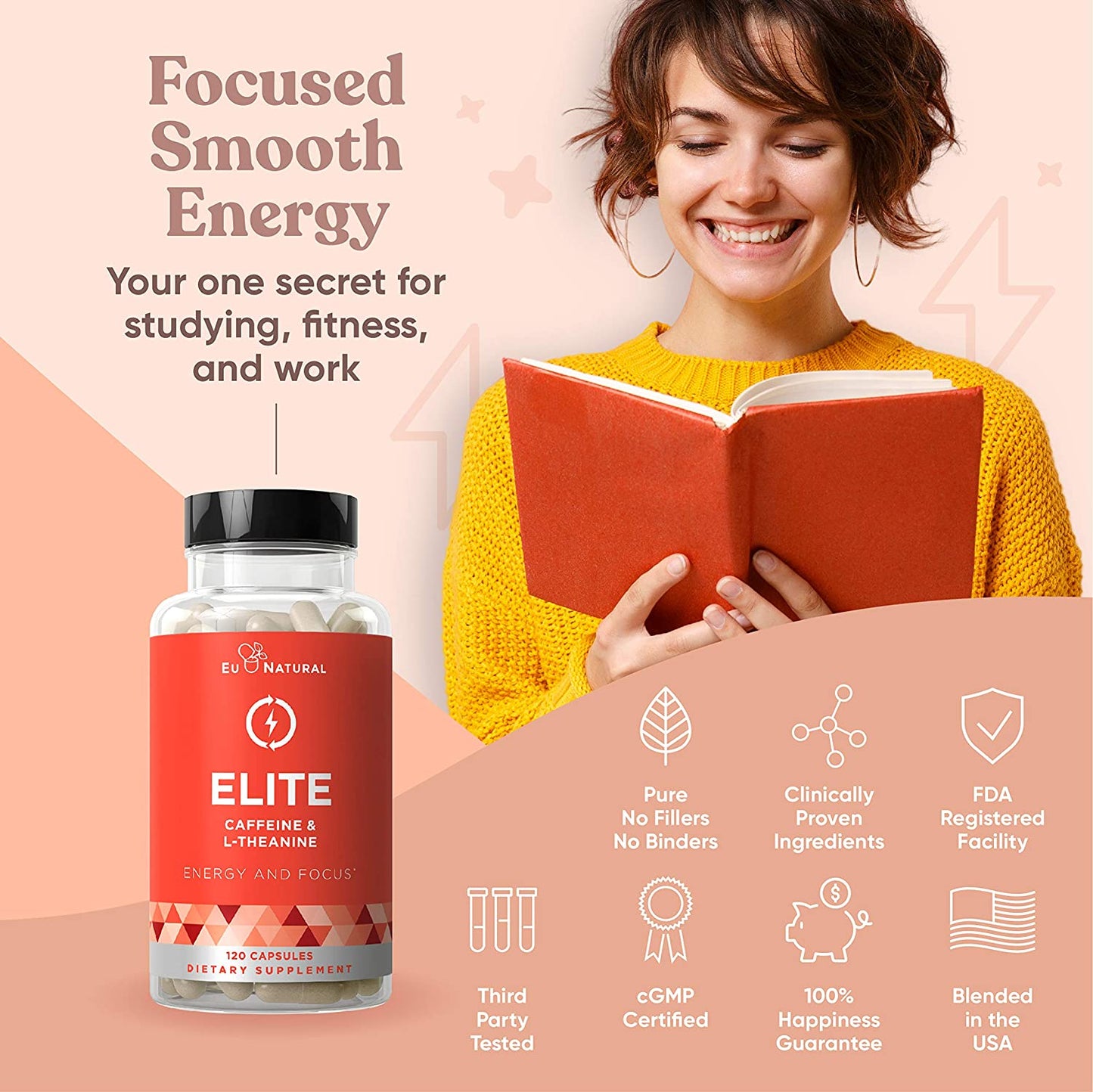 Elite Caffeine with L-Theanine Jitter-Free Focused Energy Pills Natural Nootropic Stack for Smart Cognitive Performance 120 Soft Capsules