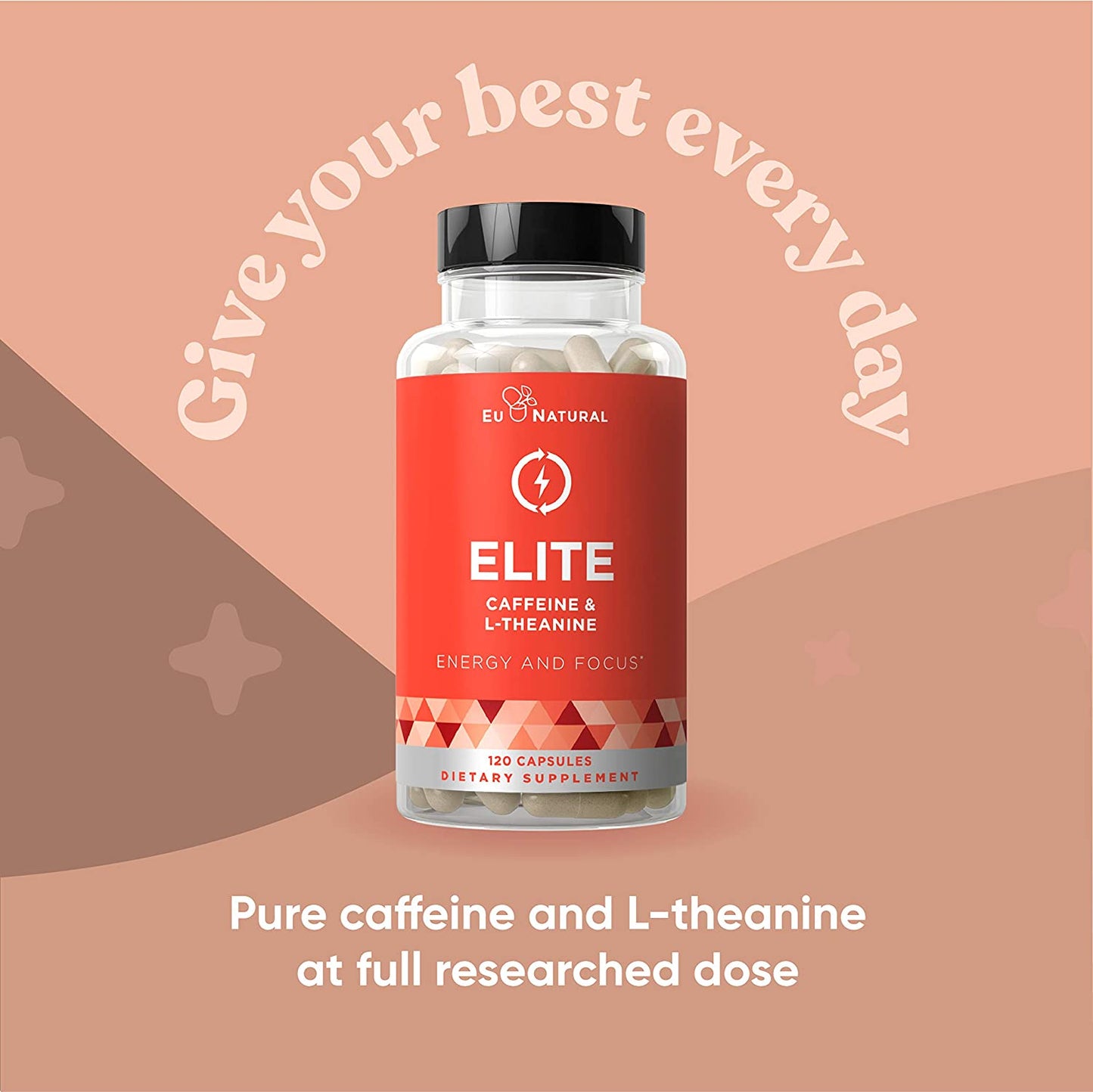Elite Caffeine with L-Theanine Jitter-Free Focused Energy Pills Natural Nootropic Stack for Smart Cognitive Performance 120 Soft Capsules