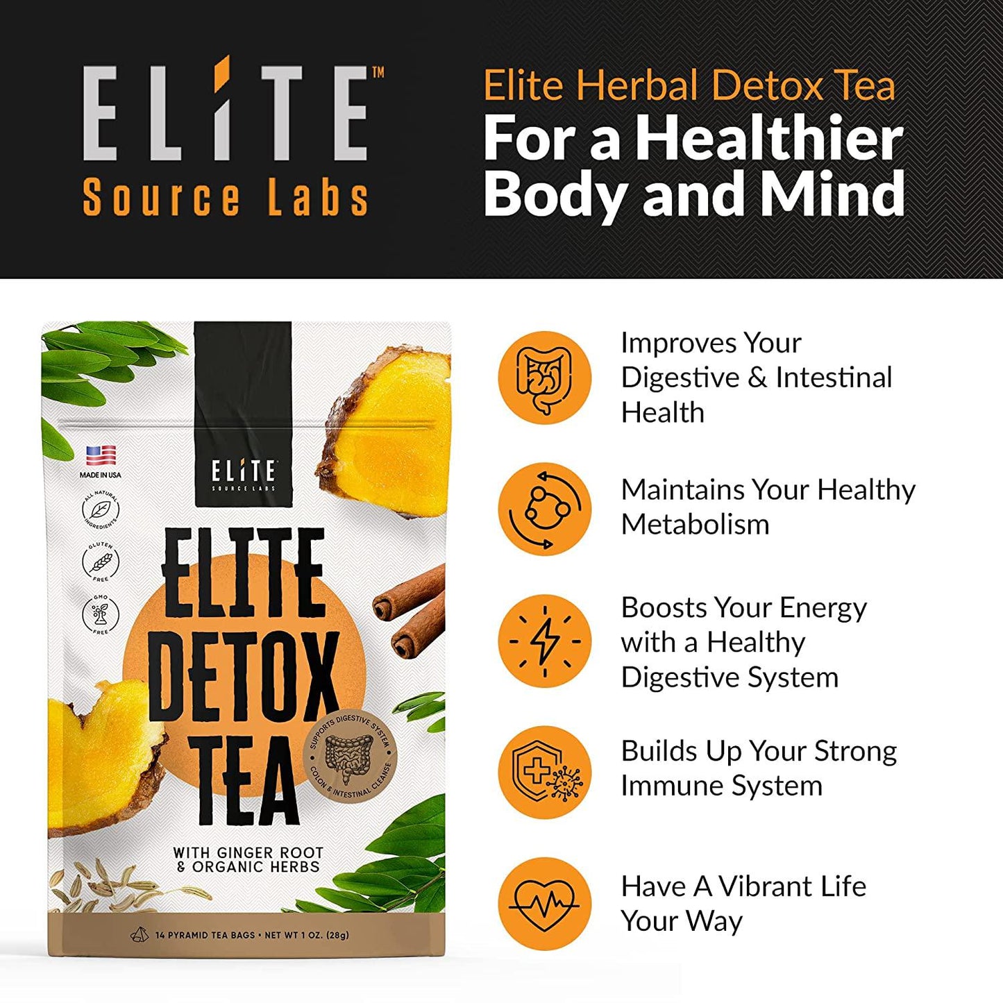 Elite Detox Tea For Body Cleanse - Get Rid Of Bloating and Constipation With Natural Organic Herbal Colon Cleanse Tea. 7 Loose Dried Herbs Including Senna, Ginger, and Fennel tea. 14 Day Detox Tea Bags