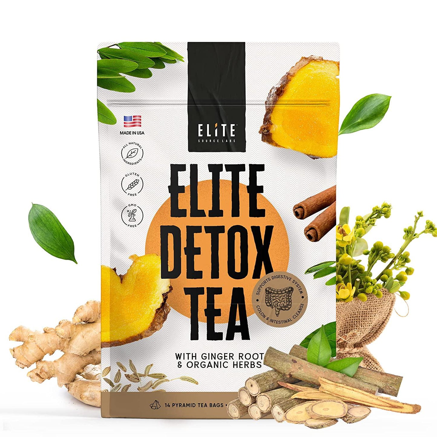 Elite Detox Tea For Body Cleanse - Get Rid Of Bloating and Constipation With Natural Organic Herbal Colon Cleanse Tea. 7 Loose Dried Herbs Including Senna, Ginger, and Fennel tea. 14 Day Detox Tea Bags