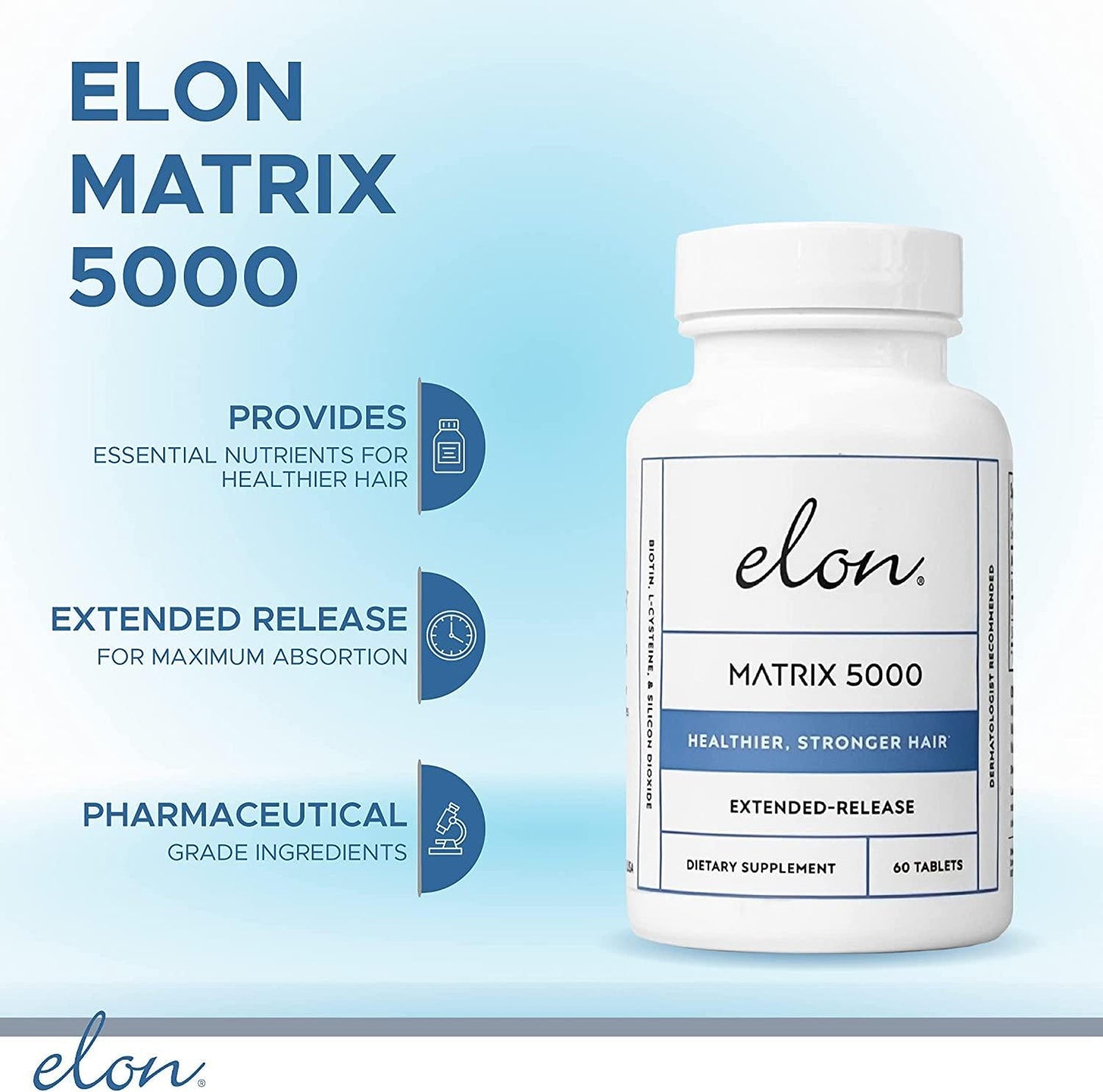 Elon Matrix 5000 with 5000 mcg Biotin | Healthier and Stronger Hair | Pharmaceutical-Grade Ingredients and Extended-Release | For All Hair Types (60 tablets)