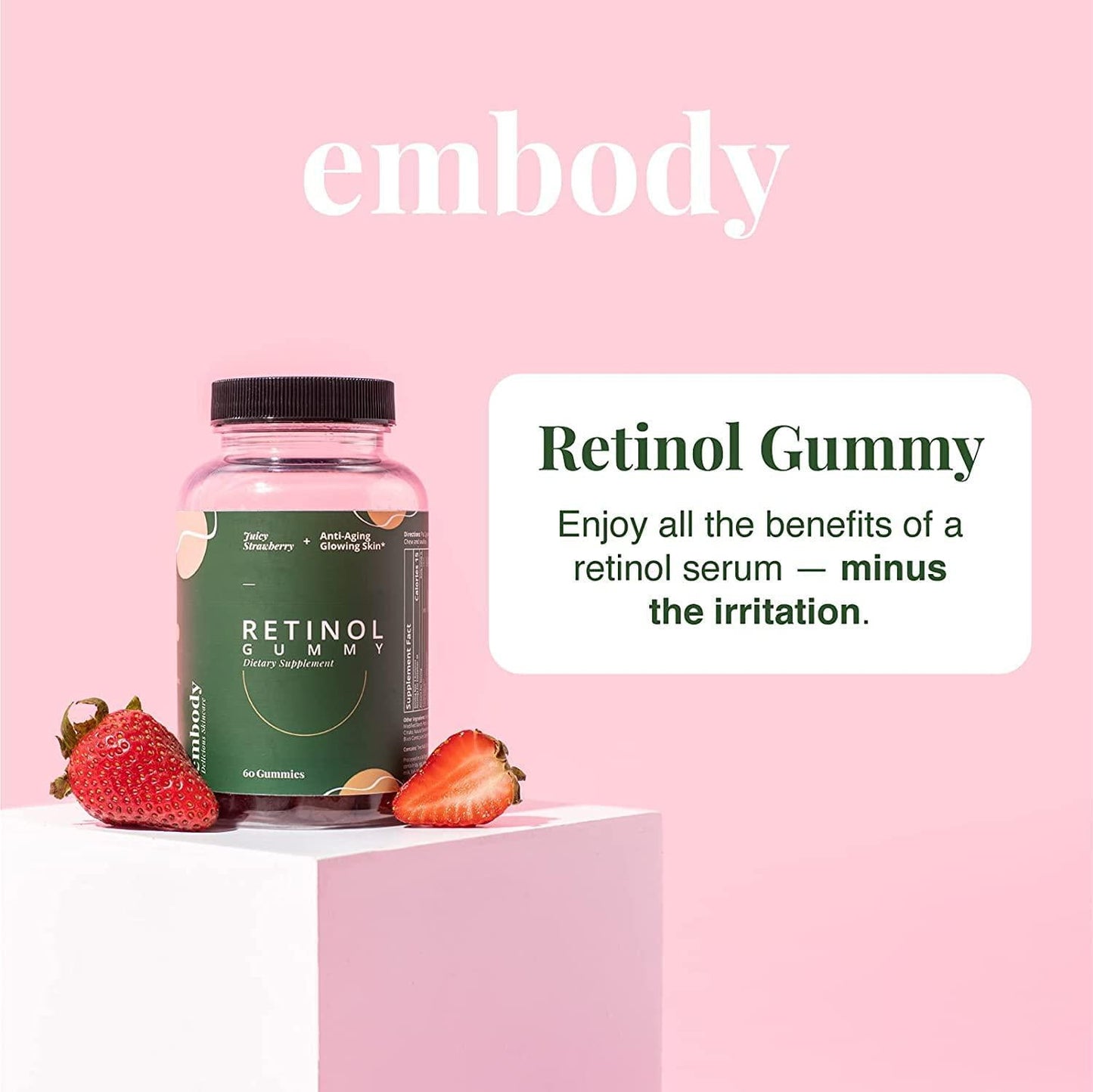Embody Multivitamin Retinol Gummy - 180 Count, Strawberry Flavor - Vitamin A Supplement for Anti-Aging, Acne, and Clear Skin - Glowing and Youthful Hair, Skin and Nails - Biotin, Vitamin C