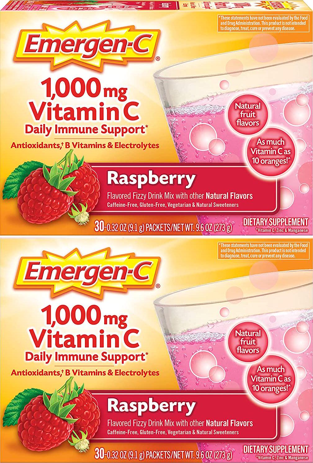 Emergen C 1,000 mg Vitamin C (60 Count, Raspberry Flavor, 2 Month Supply) Dietary Supplement Drink Mix, 0.32 oz Powder Packets, Caffeine Free