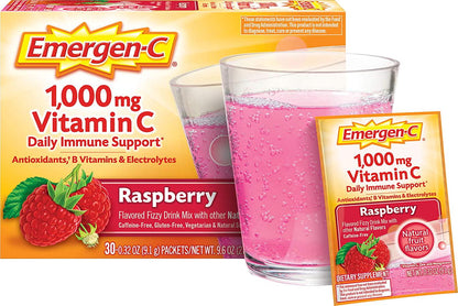 Emergen C 1,000 mg Vitamin C (60 Count, Raspberry Flavor, 2 Month Supply) Dietary Supplement Drink Mix, 0.32 oz Powder Packets, Caffeine Free