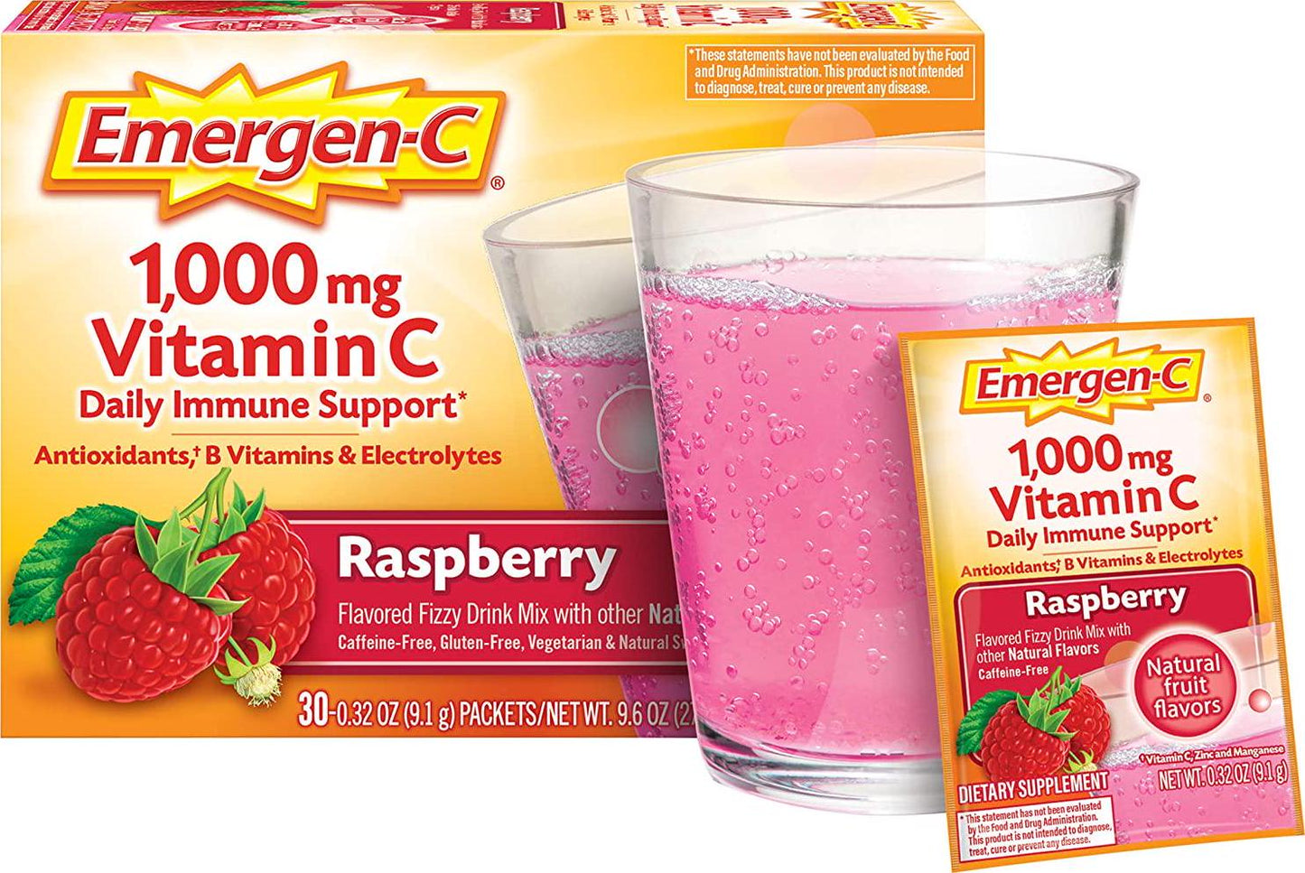 Emergen-C (30 Count, Raspberry Flavor, 1 Month Supply) Dietary Supplement Fizzy Drink Mix with 1000mg Vitamin C, 0.32 Ounce Powder Packets, Caffeine Free