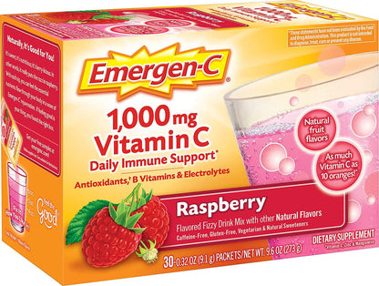 Emergen-C (30 Count, Raspberry Flavor, 1 Month Supply) Dietary Supplement Fizzy Drink Mix with 1000mg Vitamin C, 0.32 Ounce Powder Packets, Caffeine Free