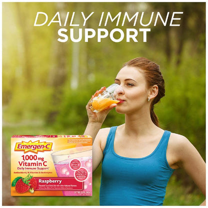 Emergen-C (30 Count, Raspberry Flavor, 1 Month Supply) Dietary Supplement Fizzy Drink Mix with 1000mg Vitamin C, 0.32 Ounce Powder Packets, Caffeine Free