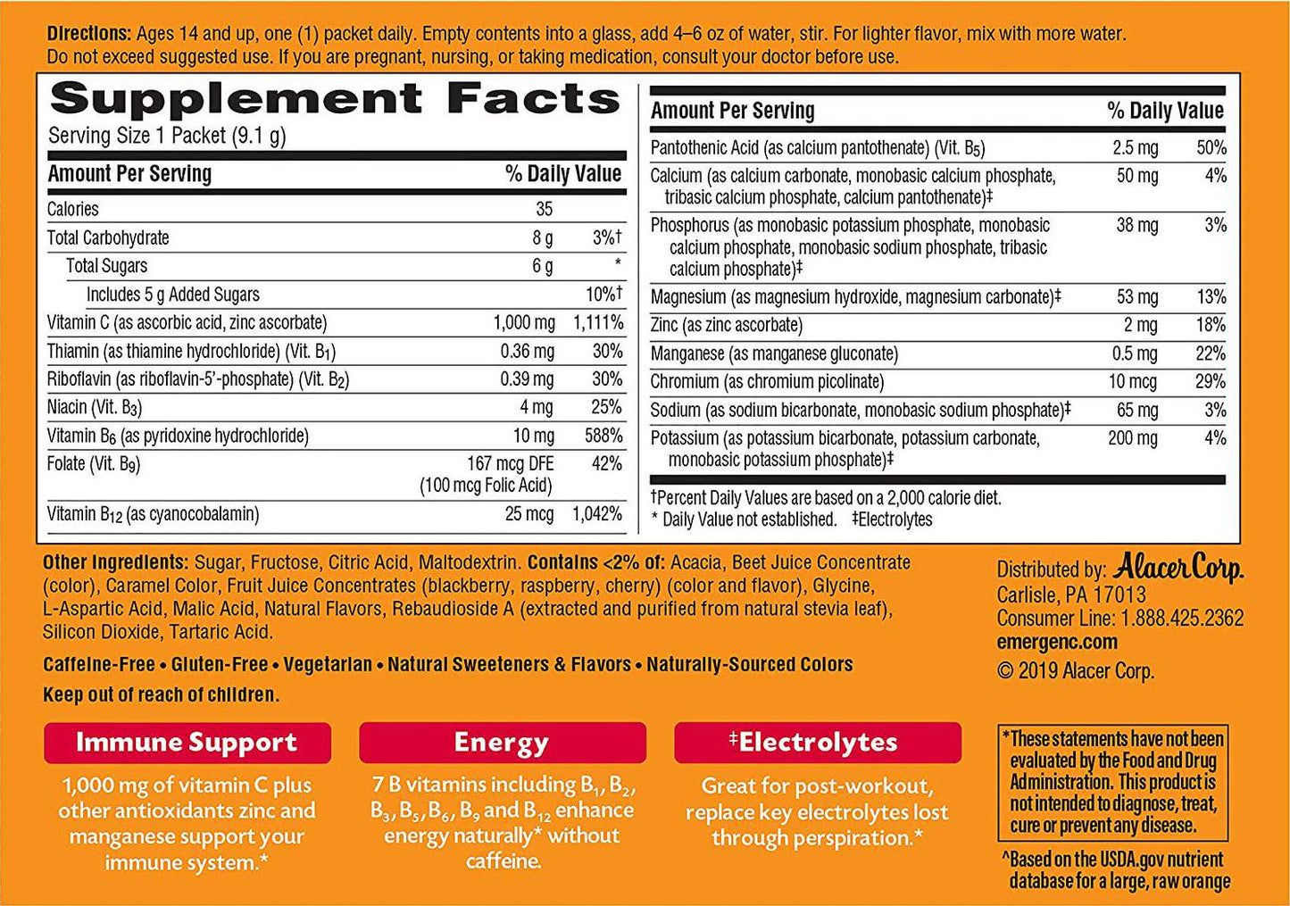 Emergen-C (30 Count, Raspberry Flavor, 1 Month Supply) Dietary Supplement Fizzy Drink Mix with 1000mg Vitamin C, 0.32 Ounce Powder Packets, Caffeine Free