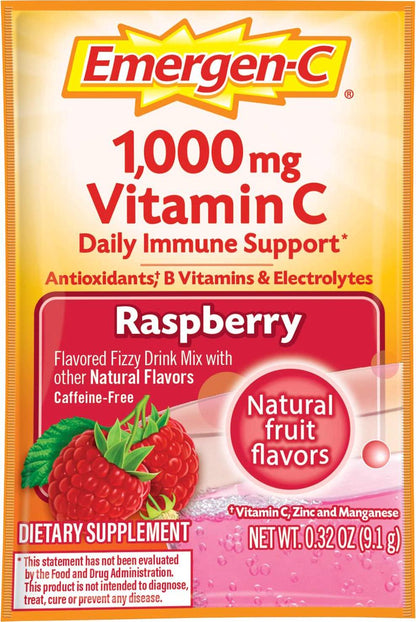 Emergen-C (30 Count, Raspberry Flavor, 1 Month Supply) Dietary Supplement Fizzy Drink Mix with 1000mg Vitamin C, 0.32 Ounce Powder Packets, Caffeine Free