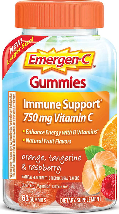 Emergen-C 750mg Vitamin C Gummies for Adults, Immune Support Gummies with B Vitamins, Gluten Free, Orange, Tangerine and Raspberry Flavors - 63 Count