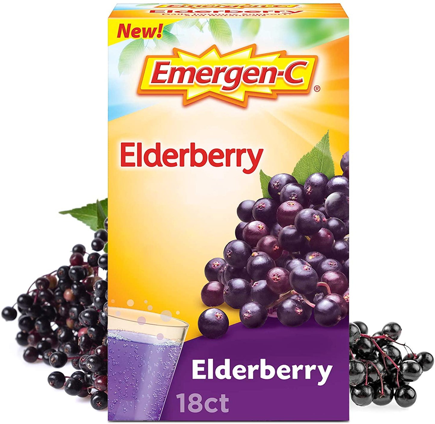 Emergen-C Elderberry Fizzy Drink Mix, Elderberry Immune Support, Natural Flavors, With High Potency Vitamin C, Elderberry, 18 Count