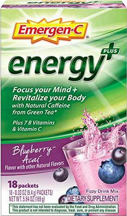 Emergen-C Energy+, With B Vitamins, Vitamin C And Natural Caffeine From Green Tea (18 Count, Blueberry Acai Flavor) Dietary Supplement Drink Mix, 0.33 Ounce Powder Packets