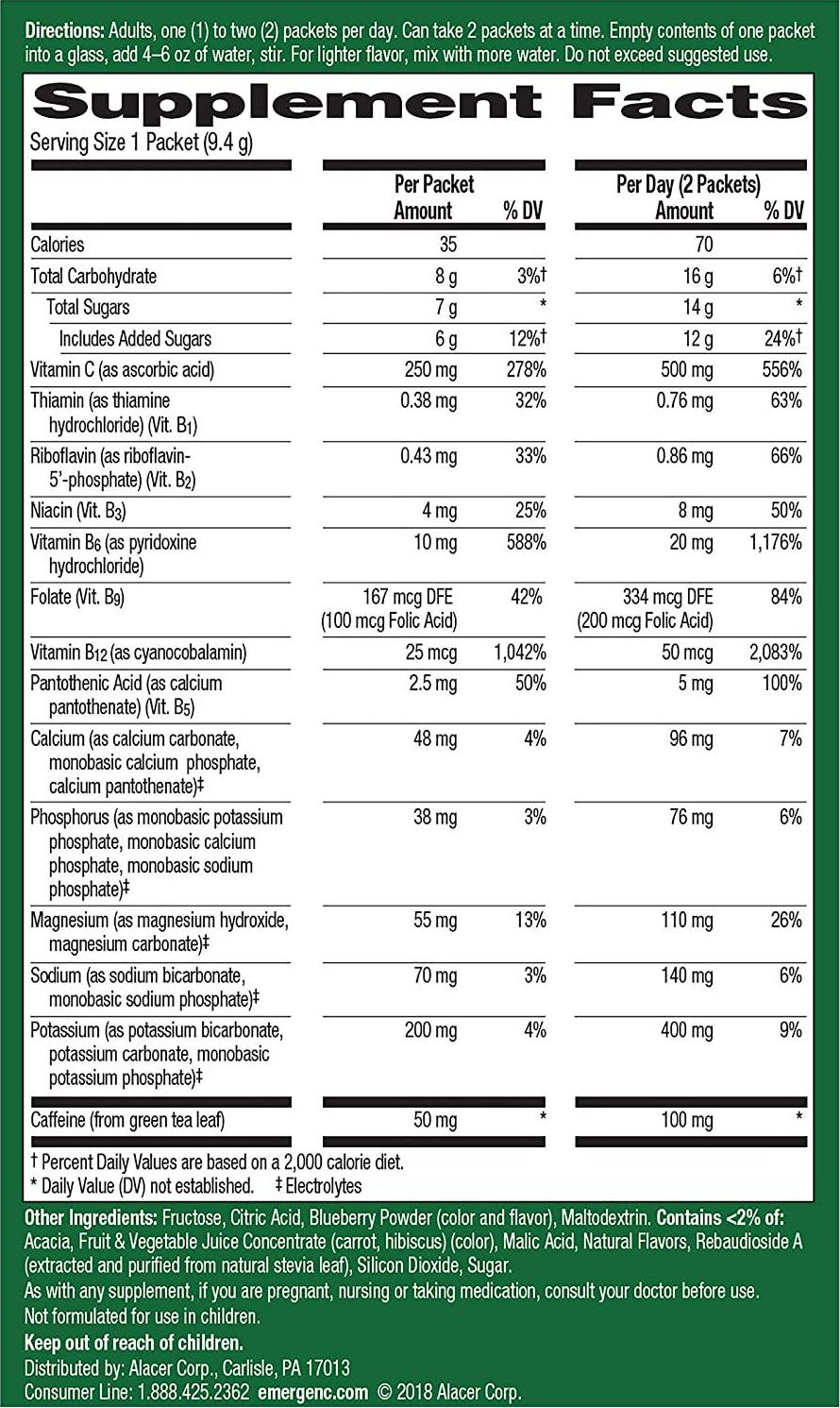 Emergen-C Energy+, With B Vitamins, Vitamin C And Natural Caffeine From Green Tea (18 Count, Blueberry Acai Flavor) Dietary Supplement Drink Mix, 0.33 Ounce Powder Packets