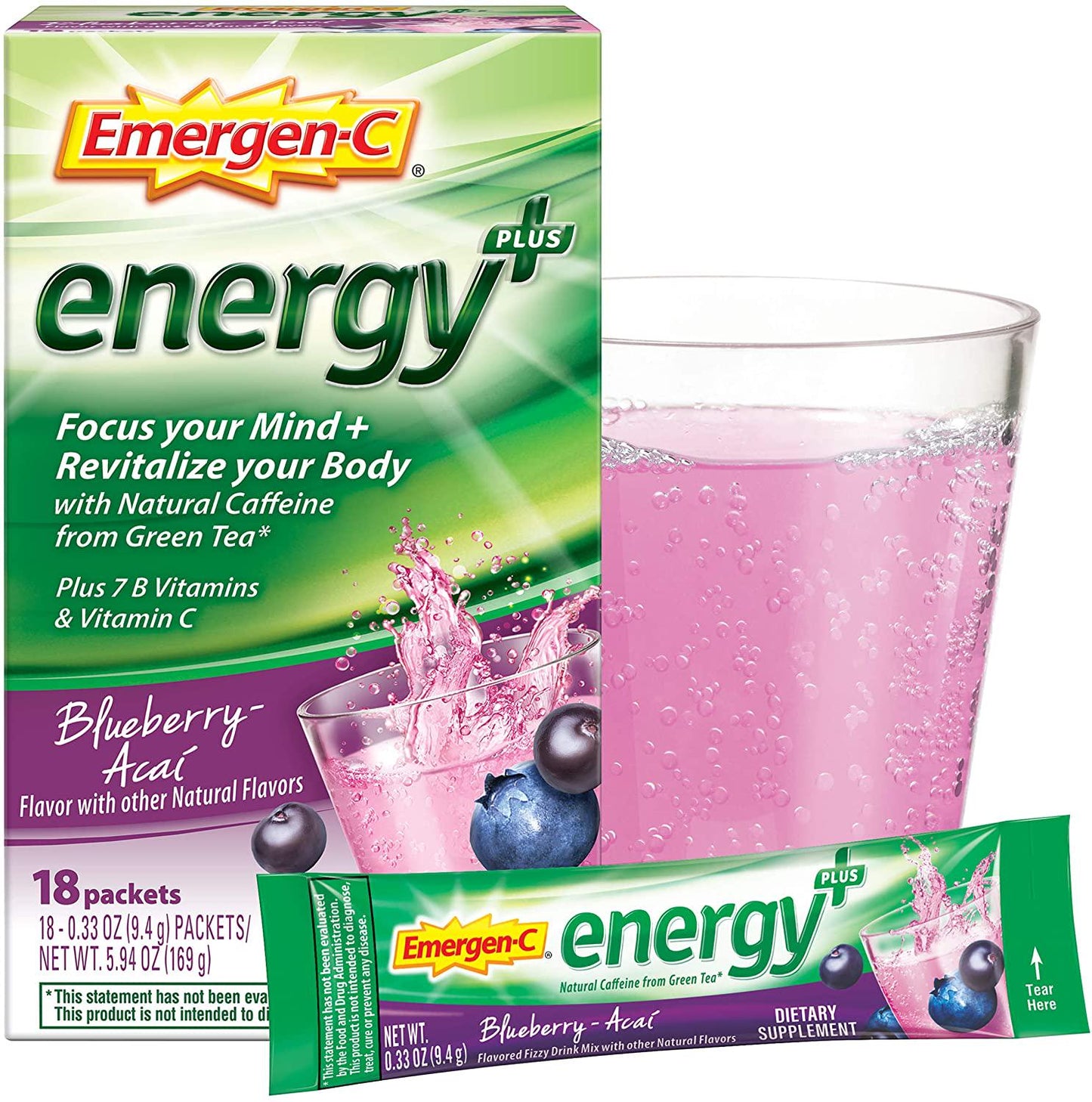 Emergen-C Energy+, With B Vitamins, Vitamin C And Natural Caffeine From Green Tea (18 Count, Blueberry Acai Flavor) Dietary Supplement Drink Mix, 0.33 Ounce Powder Packets