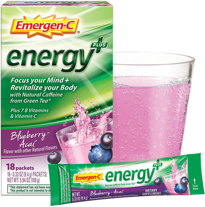 Emergen-C Energy+, With B Vitamins, Vitamin C And Natural Caffeine From Green Tea (18 Count, Blueberry Acai Flavor) Dietary Supplement Drink Mix, 0.33 Ounce Powder Packets