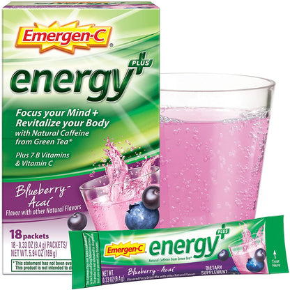 Emergen-C Energy+, With B Vitamins, Vitamin C And Natural Caffeine From Green Tea (18 Count, Blueberry Acai Flavor) Dietary Supplement Drink Mix, 0.33 Ounce Powder Packets