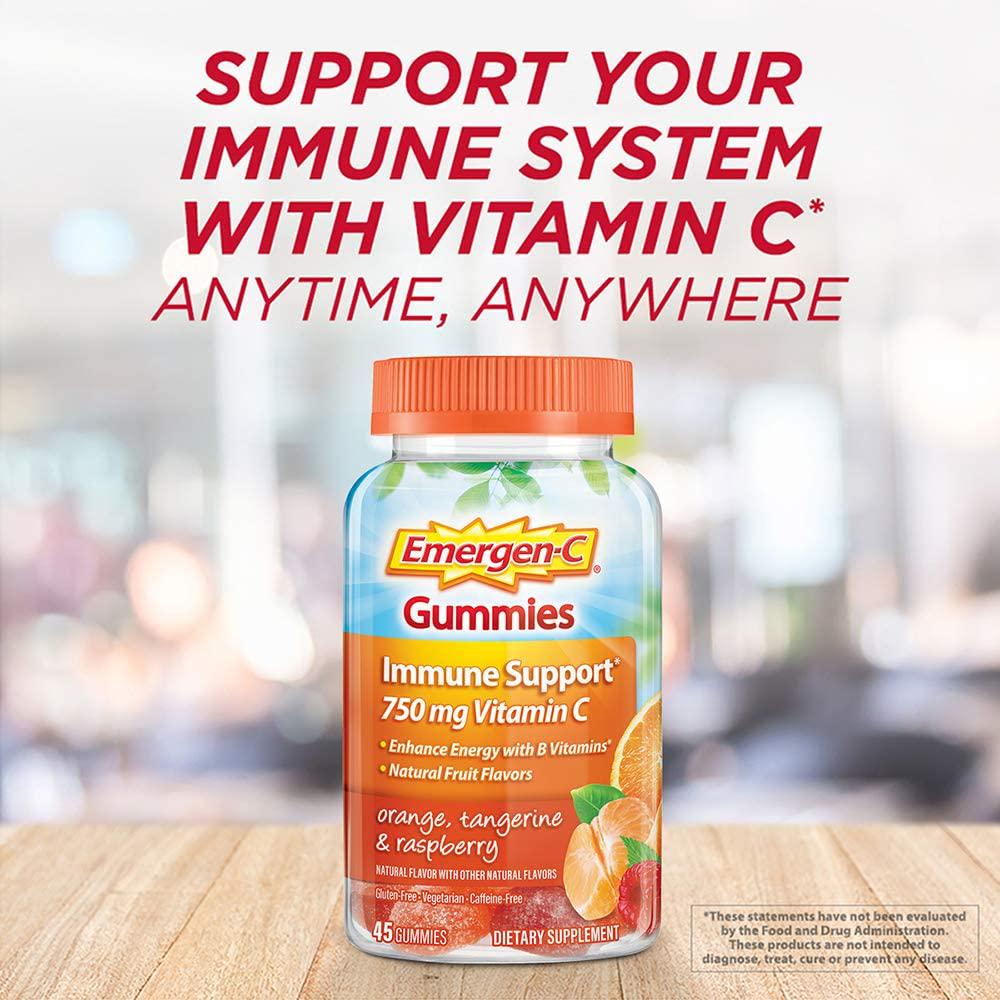 Emergen-C Gummies Dietary Supplement with 500 mg Vitamin C Per Serving, Gluten Free (Orange, Tangerine and Raspberry Flavors, 45 Count)