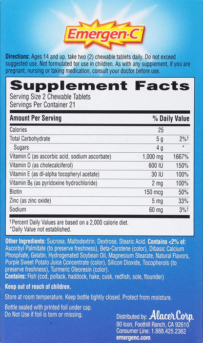 Emergen-C Immune+ Chewables System Support Dietary Supplement Tablet With 600 IU Vitamin D (Orange Blast Flavor, 42 Count)