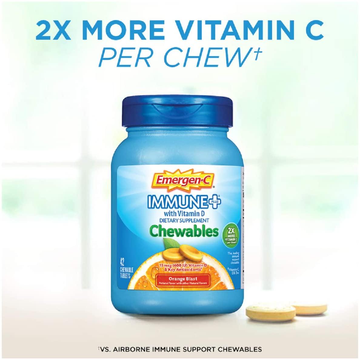 Emergen-C Immune+ Chewables System Support Dietary Supplement Tablet With 600 IU Vitamin D (Orange Blast Flavor, 42 Count)