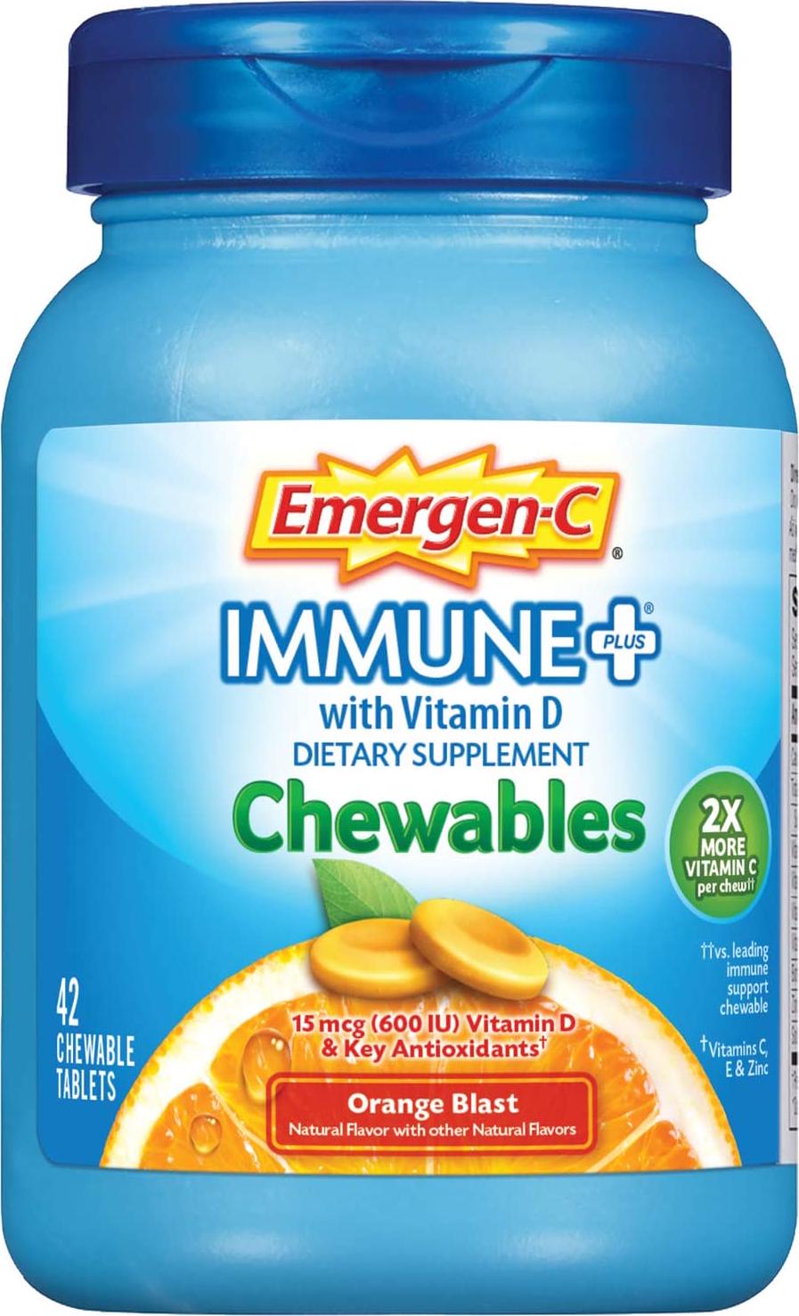 Emergen-C Immune+ Chewables System Support Dietary Supplement Tablet With 600 IU Vitamin D (Orange Blast Flavor, 42 Count)