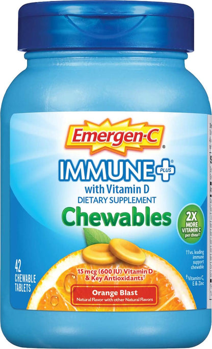 Emergen-C Immune+ Chewables System Support Dietary Supplement Tablet With 600 IU Vitamin D (Orange Blast Flavor, 42 Count)