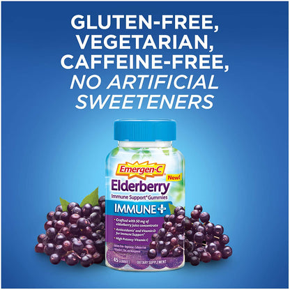 Emergen-C Immune+ Gummies (45 Count, Elderberry Flavor) Immune Support with 750mg Vitamin C, Plus Vitamin D and Zinc, Vegetarian, Caffeine Free, and Gluten Free Dietary Supplement