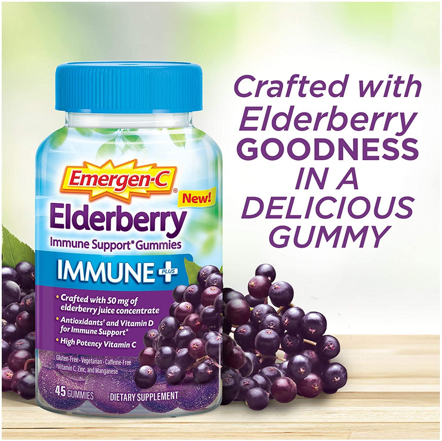 Emergen-C Immune+ Gummies (45 Count, Elderberry Flavor) Immune Support with 750mg Vitamin C, Plus Vitamin D and Zinc, Vegetarian, Caffeine Free, and Gluten Free Dietary Supplement