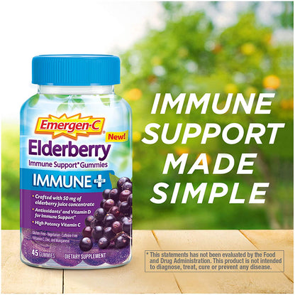 Emergen-C Immune+ Gummies (45 Count, Elderberry Flavor) Immune Support with 750mg Vitamin C, Plus Vitamin D and Zinc, Vegetarian, Caffeine Free, and Gluten Free Dietary Supplement